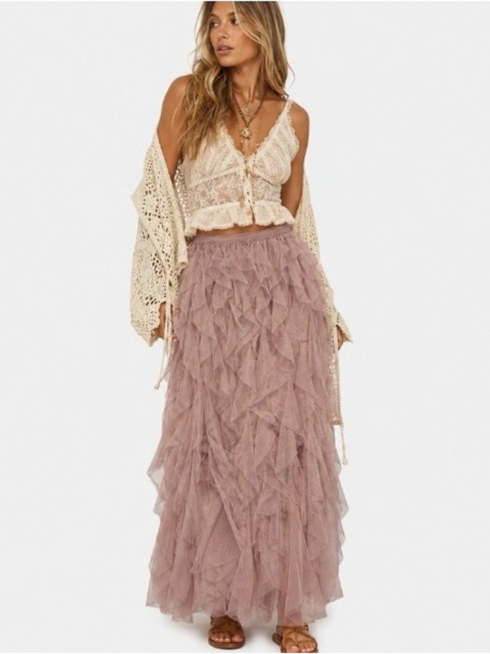 Dusty Rose Mauve Layered Tulle Maxi Skirt | Soho Apparel